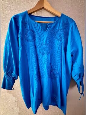 Handmade Women's Mexican Embroidered Peasant Top - Turquoise 1X-2X